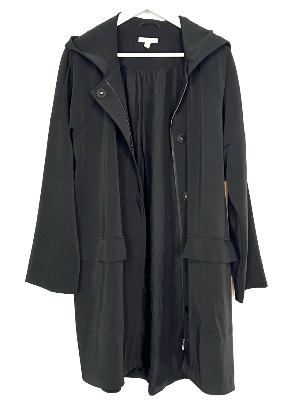 Eileen Fisher Hooded Stretch Trench Jacket Black M